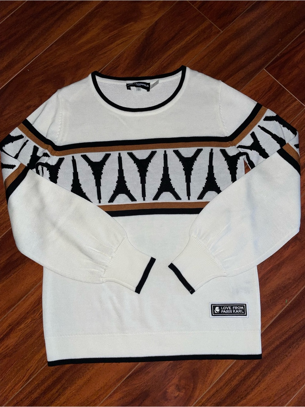 Karl Lagerfeld White Crewneck Sweater with Black & Tan Geometric Band